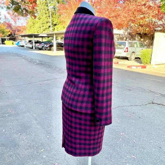 Vintage Jones New York Velvet Trim Plaid Lined Wool Skirt Suit Size 14 - Picture 6 of 13